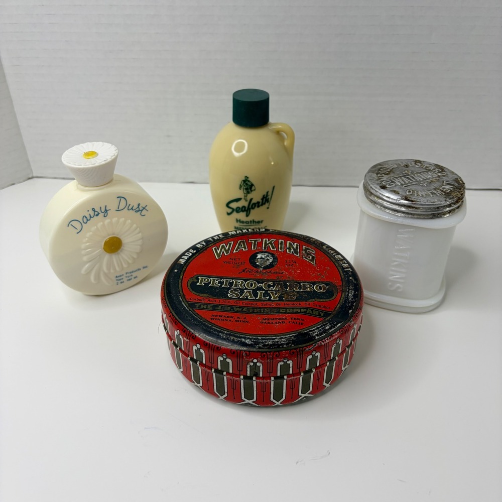 Vtg Vanity Tin Lot Petro-Carbo Salve Milk Glass Jar Avon Daisy Dust Talc Adverti